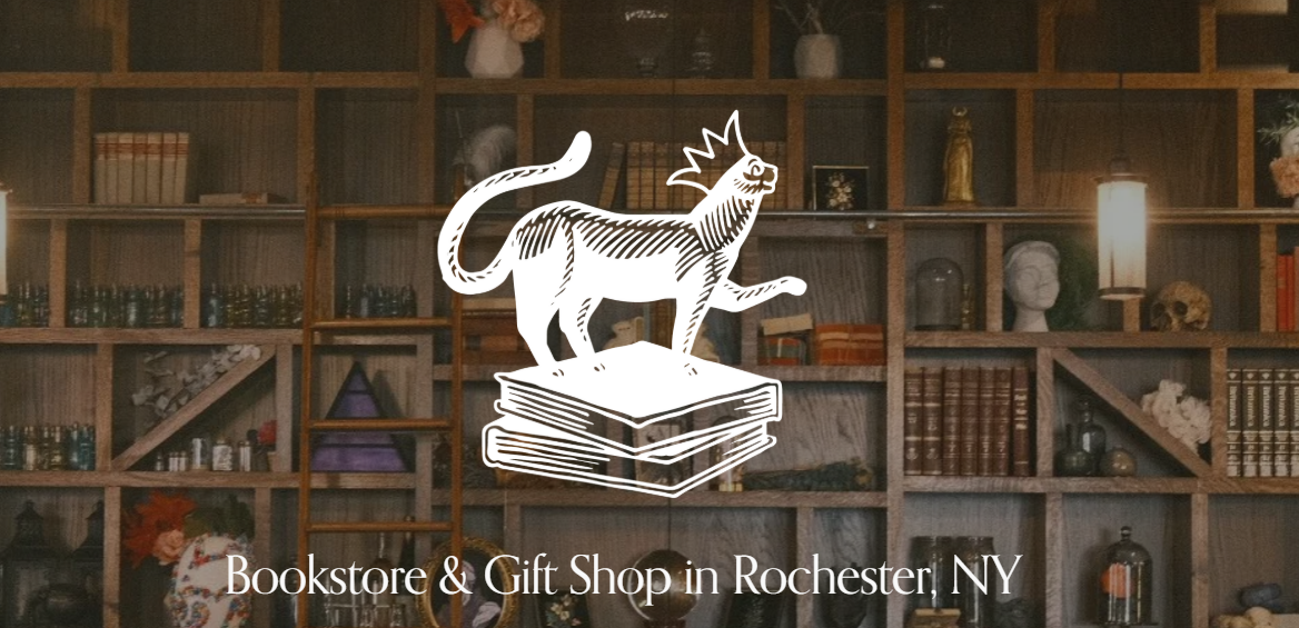The Unreliable Narrator logo, a cat in a crown standing on a stack of books, is in front of a large bookcase. There is a caption stating "Bookstore and Gift Shop in Rochester, NY". Image is header of Good Business Ballot entry.